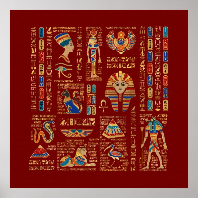 Egyptian hieroglyphs and deities on red poster (Front)