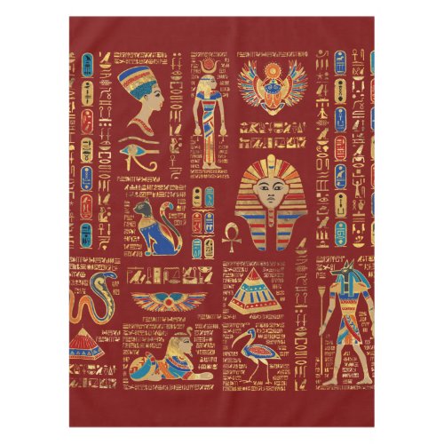 Egyptian hieroglyphs and deities on red tablecloth