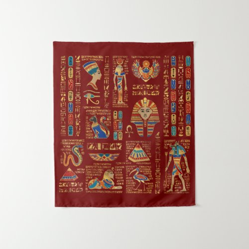 Egyptian hieroglyphs and deities on red tapestry