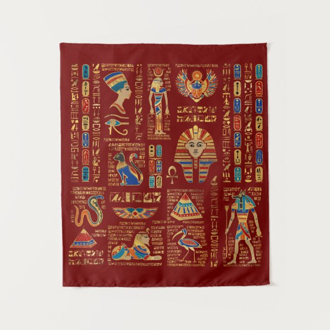 Egyptian hieroglyphs and deities on red tapestry (Front)