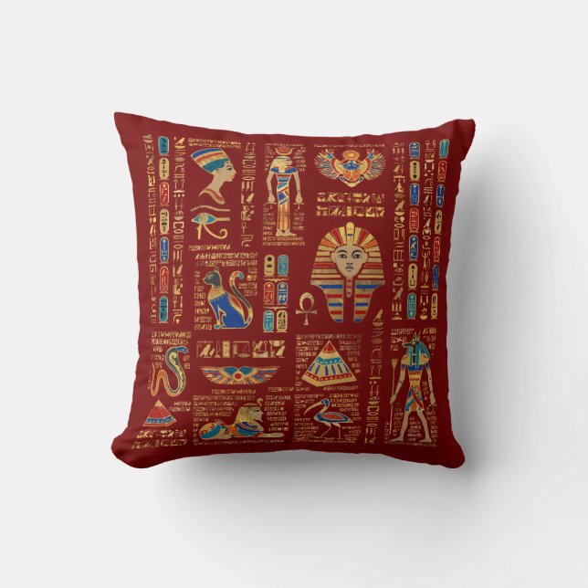 Egyptian hieroglyphs and deities on red throw pillow (Front)