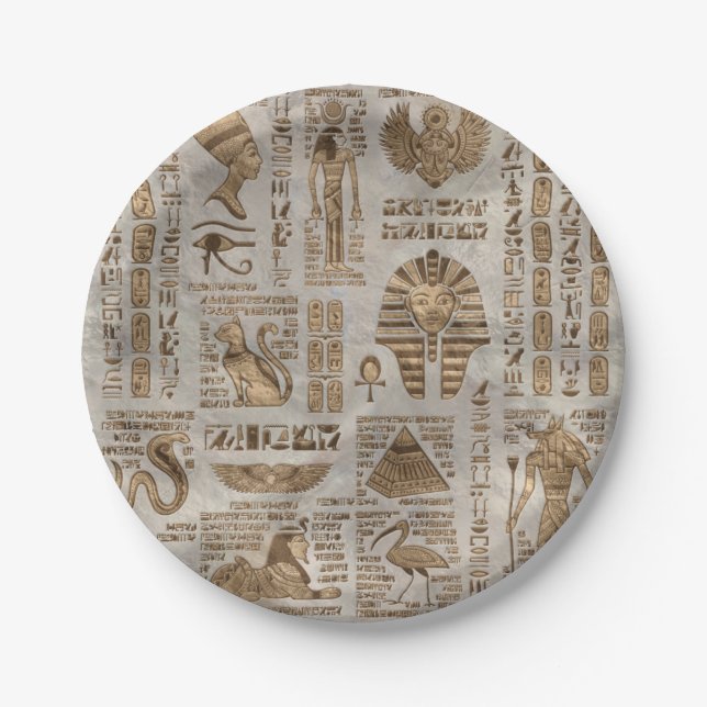 Egyptian hieroglyphs and deities -Vintage Gold Paper Plates (Front)