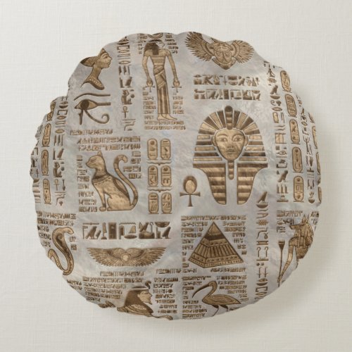 Egyptian hieroglyphs and deities _Vintage Gold Round Pillow