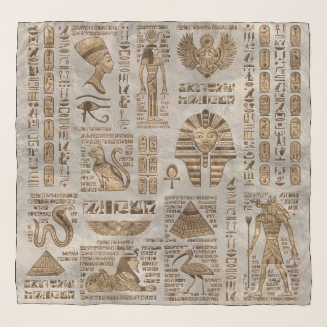 Egyptian hieroglyphs and deities -Vintage Gold Scarf (Front)