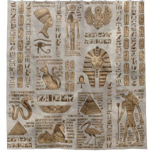 Egyptian hieroglyphs and deities -Vintage Gold Shower Curtain