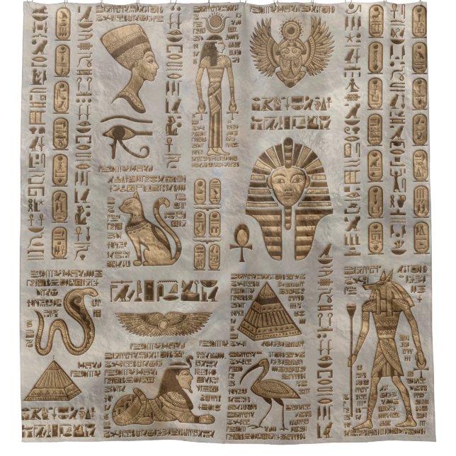 Egyptian hieroglyphs and deities -Vintage Gold Shower Curtain (Front)