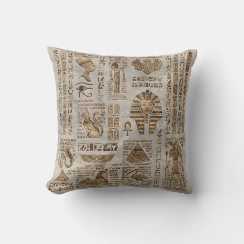 Egyptian hieroglyphs and deities _Vintage Gold Throw Pillow