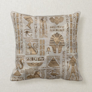 Egyptian hieroglyphs and deities -Vintage Gold Throw Pillow