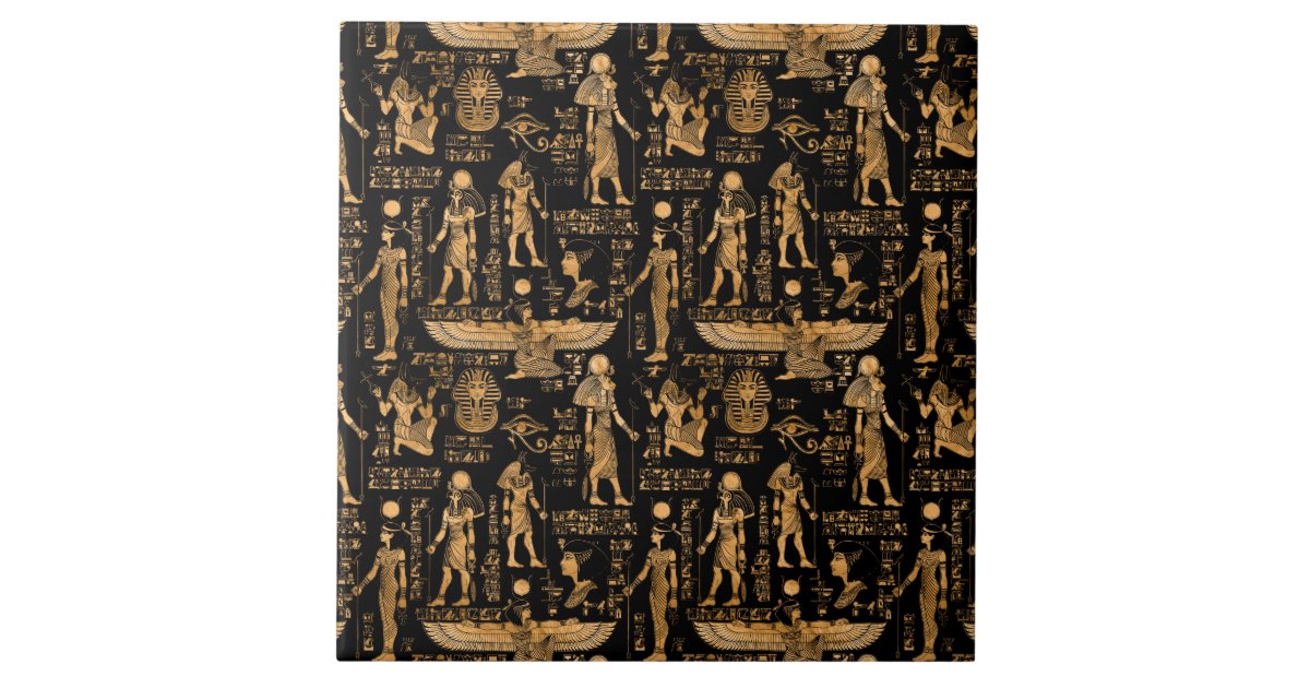Egyptian hieroglyphs and Gods gold and black Ceramic Tile | Zazzle