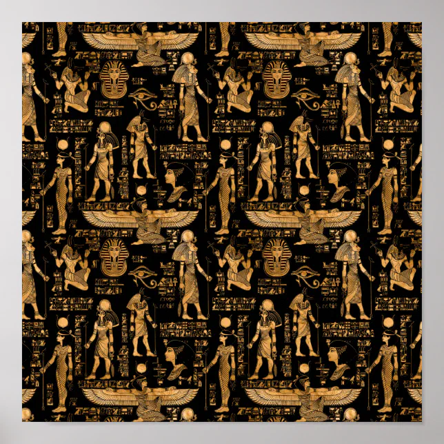 Egyptian hieroglyphs and Gods gold and black Poster | Zazzle