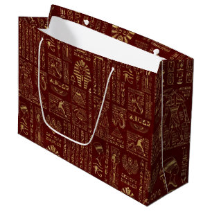 Egyptian hieroglyphs and symbols on red leather large gift bag
