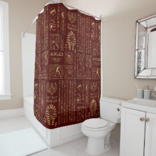 Egyptian hieroglyphs and symbols on red leather shower curtain