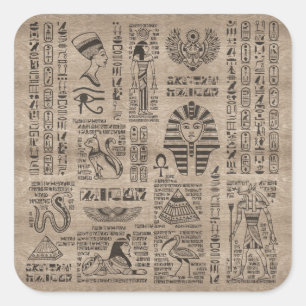 Egyptian hieroglyphs and symbols on wood square sticker