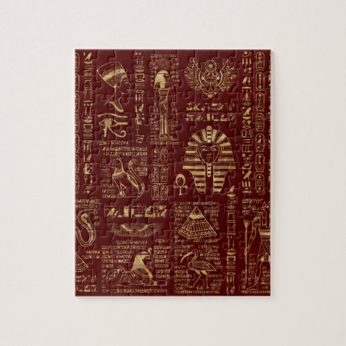 Egyptian hieroglyphs and symbols red leather jigsaw puzzle