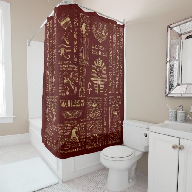 Egyptian hieroglyphs and symbols red leather shower curtain (In Situ)