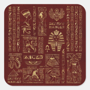 Egyptian hieroglyphs and symbols red leather square sticker