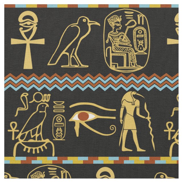 Egyptian Hieroglyphs Eye Of Horus Tile Pattern Fabric (Close Up)