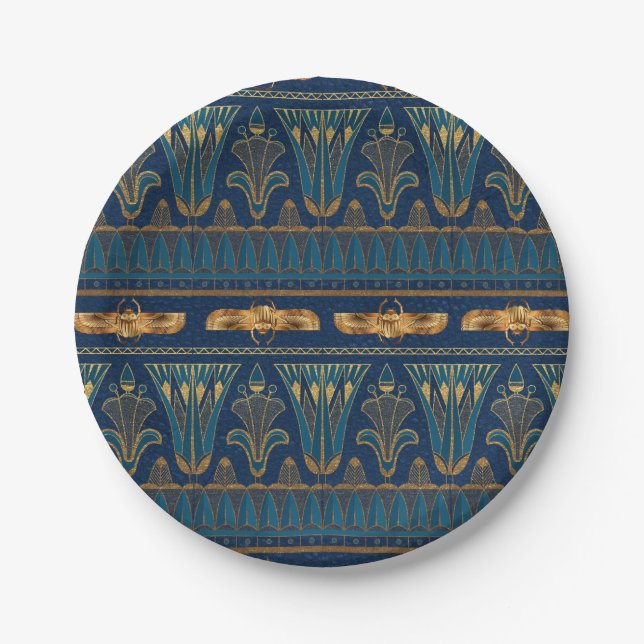 Egyptian Hieroglyphs Gold Beetles Golden Glitter Paper Plates (Front)