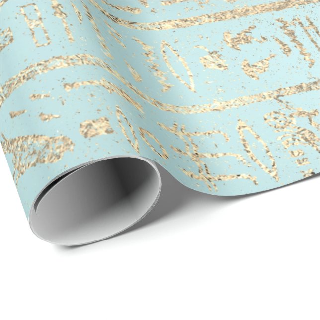 Egyptian Hieroglyphs Gold Blue Aqua Pastel  Wrapping Paper (Roll Corner)