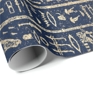 Egyptian Hieroglyphs Gold Blue Navy Pharaohs Wrapping Paper