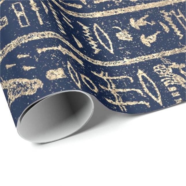 Egyptian Hieroglyphs Gold Blue Navy Pharaohs Wrapping Paper (Roll Corner)