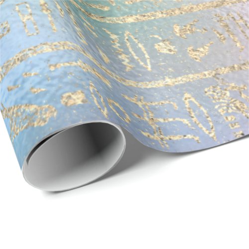 Egyptian Hieroglyphs Gold Blue Water Pink Ombre Wrapping Paper