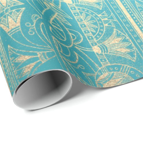 Egyptian Hieroglyphs Gold Foxier Turquoise Ocean Wrapping Paper