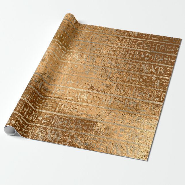 Egyptian Hieroglyphs Gold Grass Metallic Stripes Wrapping Paper (Unrolled)
