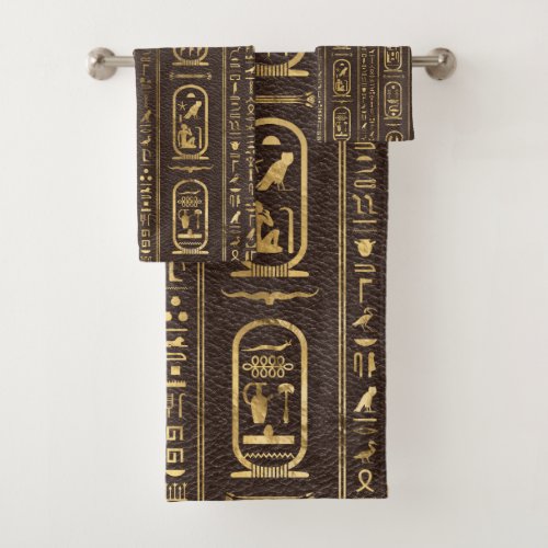 Egyptian hieroglyphs Gold on Brown Leather Bath Towel Set