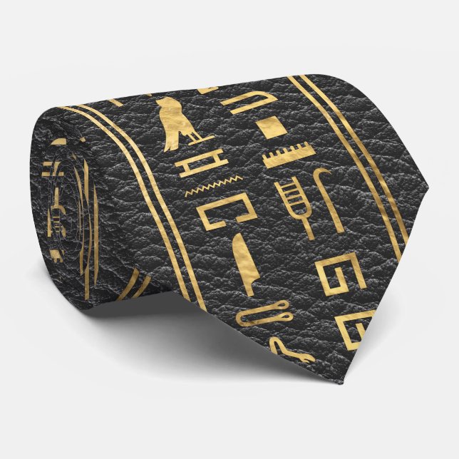 Egyptian hieroglyphs Gold on Leather Neck Tie (Rolled)