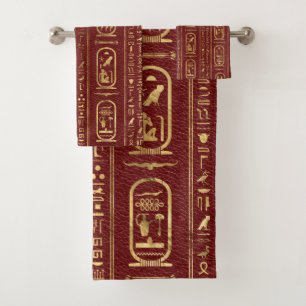 Egyptian hieroglyphs Gold on Red Leather Bath Towel Set