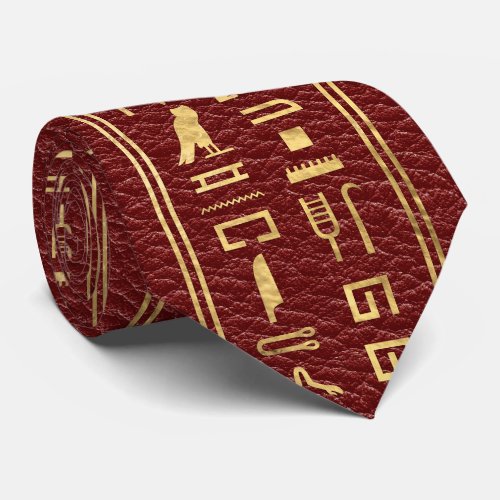Egyptian hieroglyphs Gold on Red Leather Neck Tie