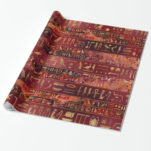 Egyptian hieroglyphs gold on red painted texture wrapping paper