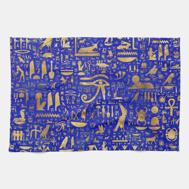 Egyptian hieroglyphs -Lapis Lazuli and Gold Kitchen Towel (Horizontal)