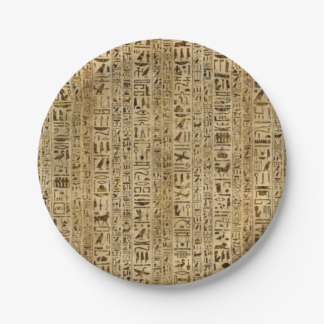 Egyptian hieroglyphs on papyrus paper plates (Front)