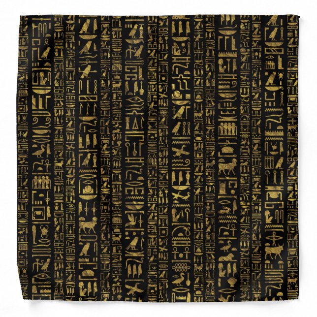 Egyptian hieroglyphs vintage gold on black bandana (Front)
