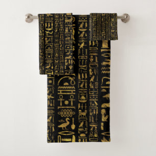 Egyptian hieroglyphs vintage gold on black bath towel set
