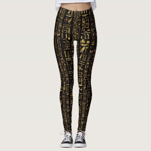 Egyptian hieroglyphs vintage gold on black leggings