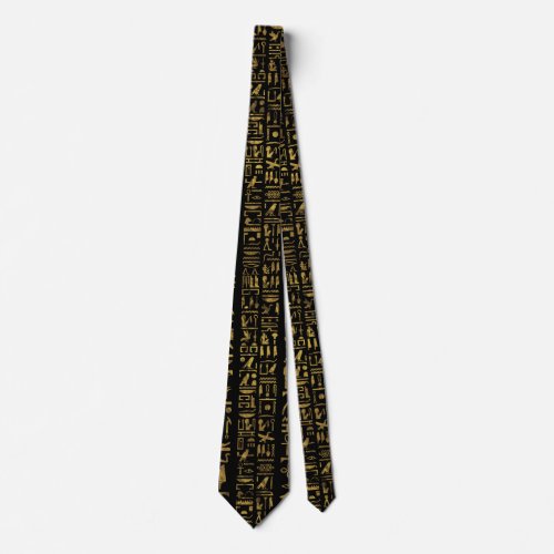 Egyptian hieroglyphs vintage gold on black neck tie