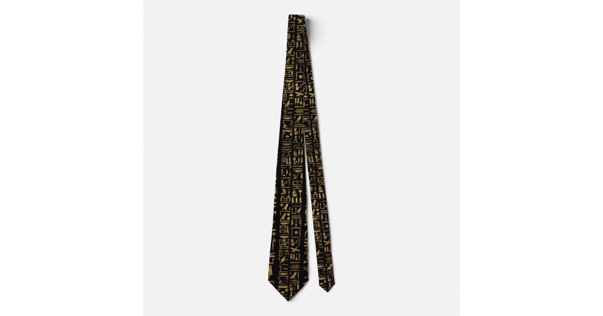 Egyptian hieroglyphs vintage gold on black neck tie | Zazzle
