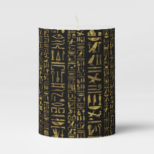 Egyptian hieroglyphs vintage gold on black pillar candle