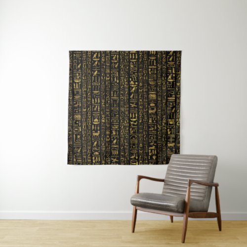 Egyptian hieroglyphs vintage gold on black tapestry