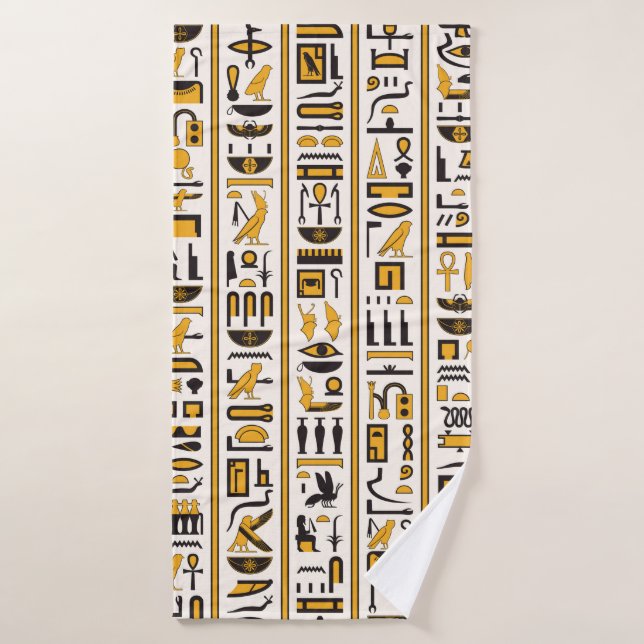 Egyptian hieroglyphs yellow-black color seamless bath towel (Bath Towel)