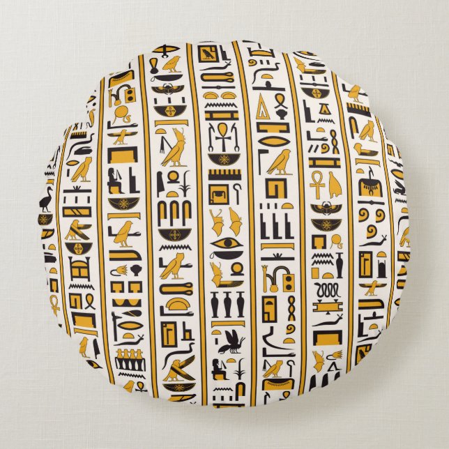 Egyptian hieroglyphs yellow-black color seamless round pillow (Front)