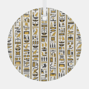 Egyptian Hieroglyphs: Yellow-Black Seamless. Glass Ornament
