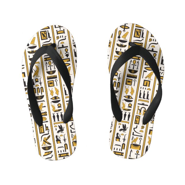 Egyptian Hieroglyphs: Yellow-Black Seamless. Kid's Flip Flops (Footbed)