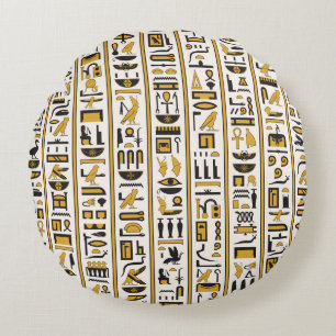 Egyptian Hieroglyphs: Yellow-Black Seamless. Round Pillow