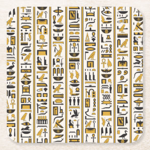 Egyptian Hieroglyphs: Yellow-Black Seamless. Square Paper Coaster