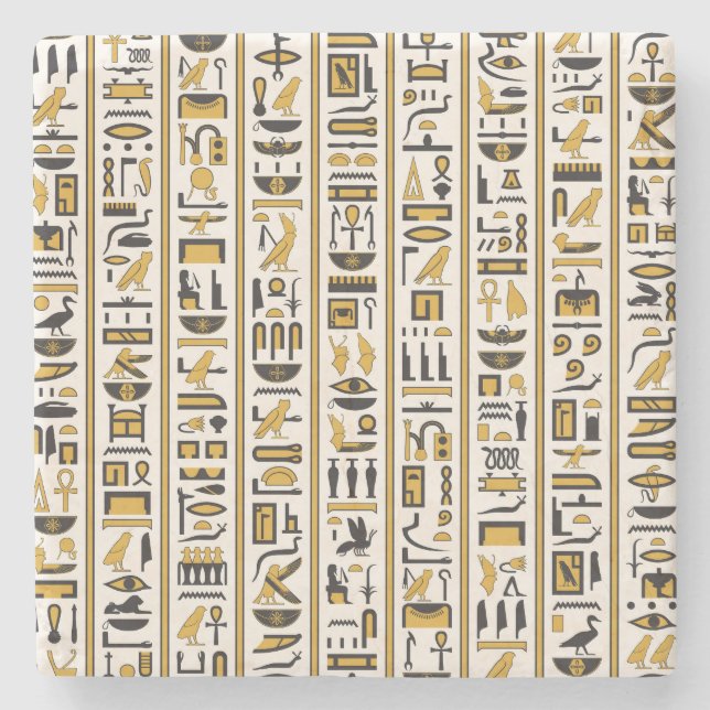Egyptian Hieroglyphs: Yellow-Black Seamless. Stone Coaster (Front)