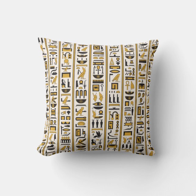 Egyptian Hieroglyphs: Yellow-Black Seamless. Throw Pillow (Front)